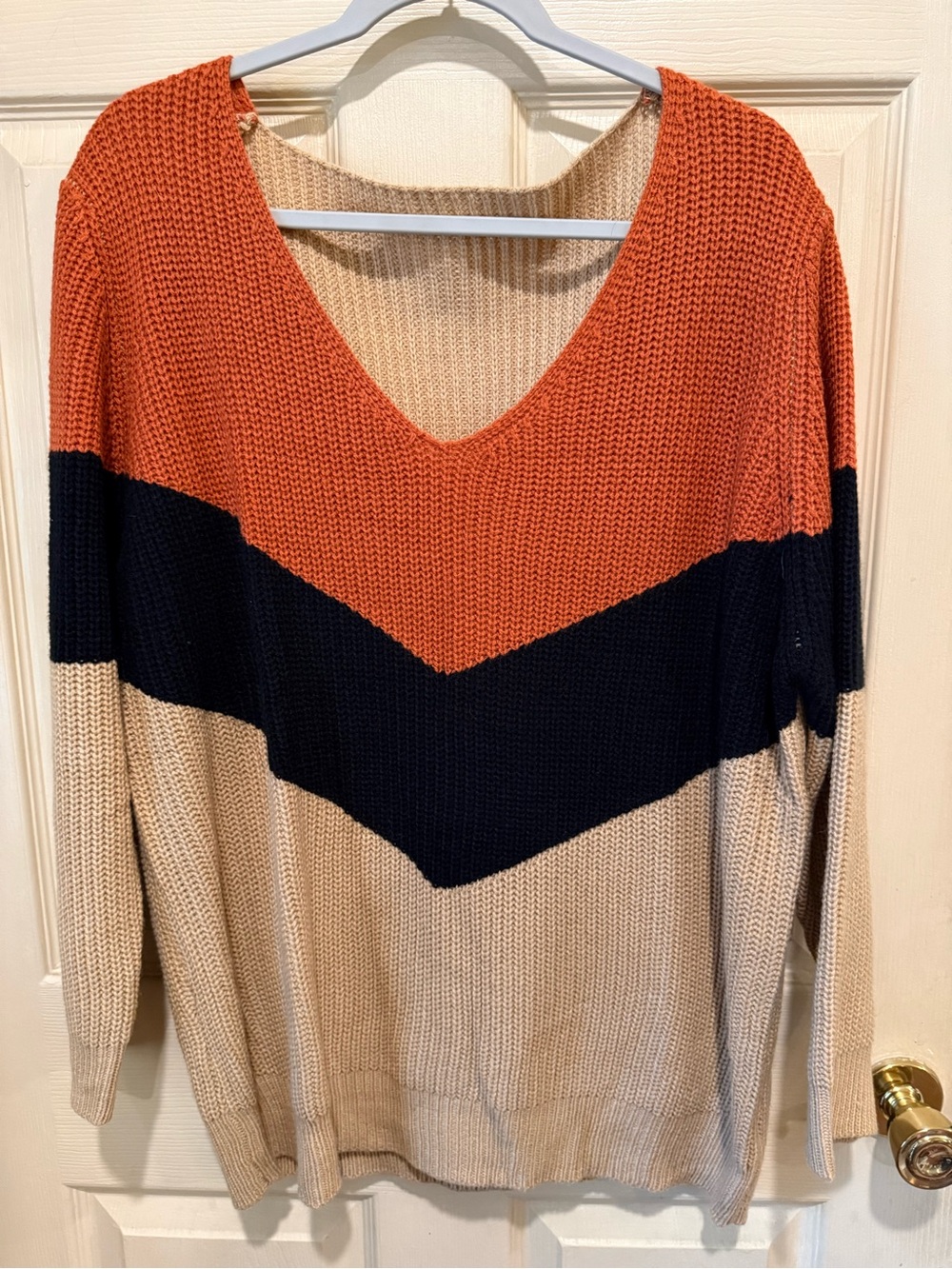 SHEIN Colorblock V-Neck Sweater in Rust, Black & Cream